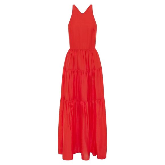 Bird & Knoll Dress Emmaline Silk Cotton Blend Cross Back Tiered Maxi Candy Apple - Picture 1 of 10